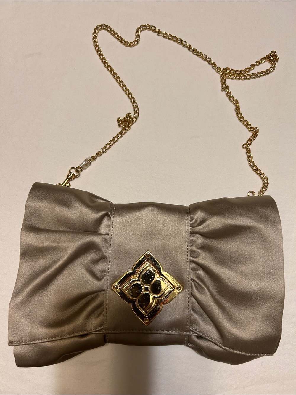 Elegant Satin Bow Clutch in Taupe with Gold Chain